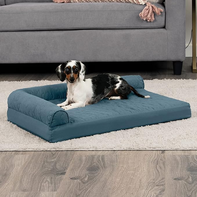 Furhaven Cooling Gel Dog Bed for Medium/Small Dogs w/ Removable Bolsters & Washable Cover, For Dogs Up to 35 lbs - Pinsonic Quilted Paw L Shaped Chaise - Bluestone, Medium