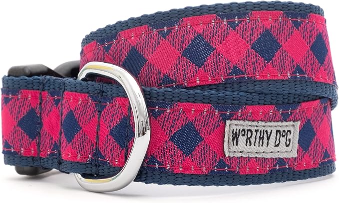THE WORTHY DOG Collar for Small Dogs, Adjusts 9-15 inches, Durable Nylon Webbing, Quick Release Buckle, Bias Buffalo Plaid Pattern, Navy/Pink, Small