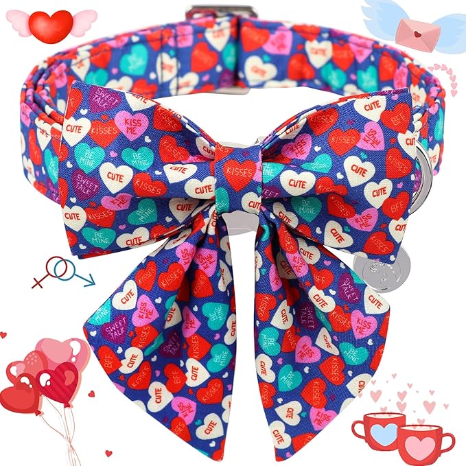 DOGWONG Valentine's Dog Collar with Saolor Bowtie, Blue Heart Bowtie Dog Collar, Adjustable Durable Pink Heart Dog Collar Cute Dog Collar for Small Medium Dogs