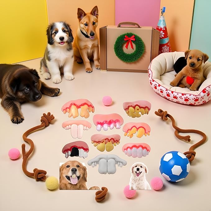 A Set of 8pcs Spoof Teeth Fake for Dogs,Funny Silicone Teeth Braces,Creative Fake Chew Toys, Easy to Apply Dog Toy,Interactive Toys,Dog Christmas Costume Suitable Accessories