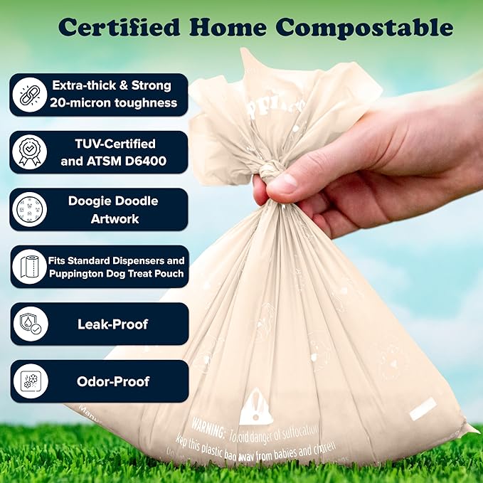 Puppington Certified Home Compostable Poop Bags - ASTM D6400 Compliant - 180 Extra Thick Bags - Plant Based - Pairs with Puppington 3-in-1 Bag & Fits all Standard Poop Bag Dispensers (Vanilla Cream)