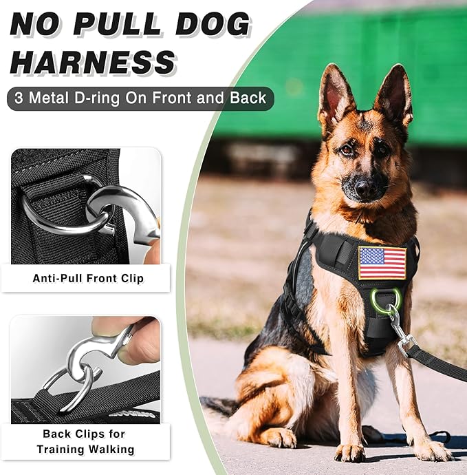 Tactical Service Dog Vest and Leash Set,Heavy Duty Harness with Metal Buckles for Medium Sized Dogs,Adjustable No Pull Pet Vest with Patches for Training Working,Black M