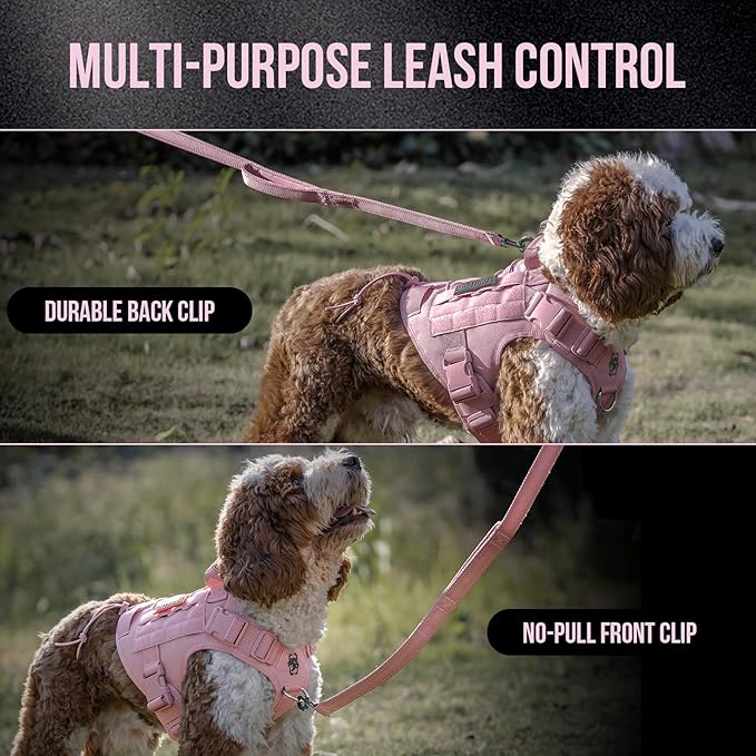 OneTigris Tactical Dog Harness Vest,No-Pull Service Dog Vest with Hook & Loop Panels,Adjustable Dog Vest Harness for Walking Hiking Training(Pink,XL)