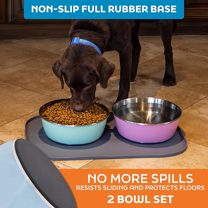 Master Pet Supply Stainless Steel Dog Bowls Set of 2 (128 Oz Each) with Non-Slip Rubber Base - Glacier Blue - Basic Dog Food Bowl Water & Food Bowls for Small Medium Large Dogs & Cats, Metal Dish