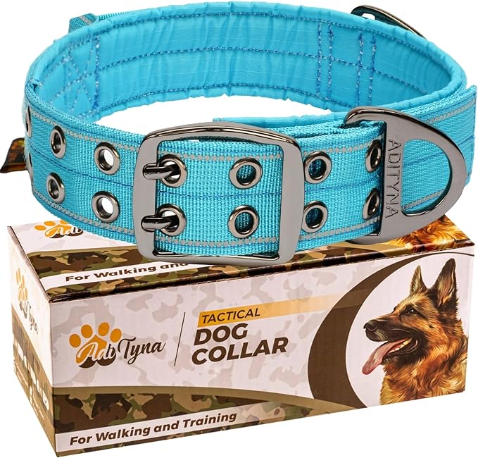 ADITYNA Heavy Duty Dog Collar for Medium Dogs - Reflective Blue Collar with Handle for Training, and Walking - Wide, Thick, Tactical, Soft Neoprene Padded