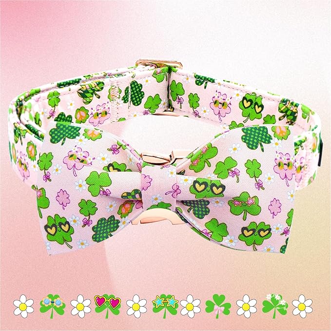 Elegant little tail St Patrick's Dog Collar, Cute Colver Cotton Shamrock Pet Collar Trefoil Soft Puppy Collar Pink Holiday Adjustable Cotton Pet Collar with Bow for Small Medium Large Dogs