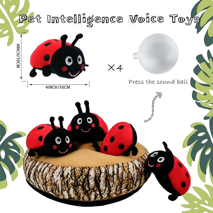 Dog Hide and Seek Toys Puppy Chew Squeaky Toys Plush Mushroom&Bamboo&Shell Hideout Stuffing with Squeakers Animals (Trunk Hideout with 4 Ladybirds)