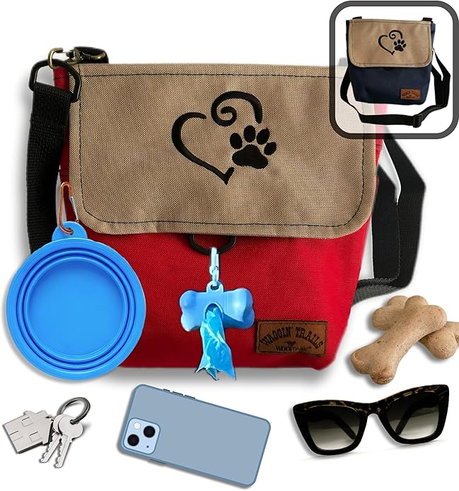 Waggin' Trails WoofPack Dog Walking Bag – Odor‑Controlled Poop Bag Holder with Storage for Treats, Phone & Keys – Navy/Tan