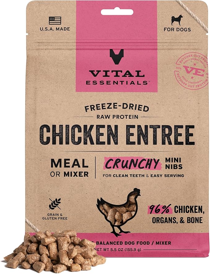 Vital Essentials Freeze Dried Dog Food, Raw Chicken Crunchy Mini Nibs | Complete Meal or Mixer | High Protein, Low Carb, Grain Free, Dry Dog Food | 5.5 oz