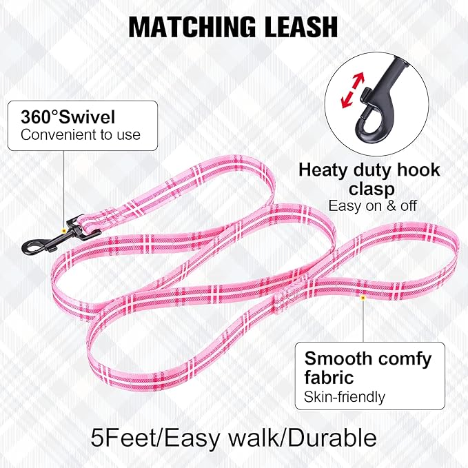 BEAUTYZOO No Pull Dog Harness and Leash Set - Adjustable Step-in Puppy Harness for Small Medium Large Dogs, Escape Proof Soft Nylon Vest with Double D Ring for Walking Running Training, Pink Plaid XS