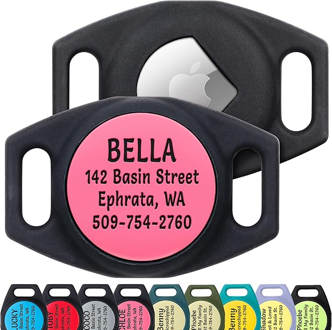 GoTags Engraved Airtag Dog Collar Holder, Personalized Airtag Case for Pet Collar, Up to 4 Lines of Custom Text, Airtag Slide On Tag for GPS Dog Tracker, Track Dogs with iPhone (Personalized, Small)