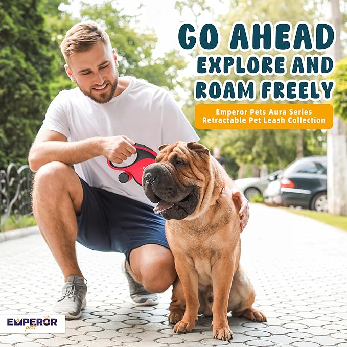 Emperor Pets 26 ft Retractable Dog Leash Red - Heavy Duty Retractable Pet Leash with Anti-Slip Grip for Medium to Large Dogs up to 110 lbs -Aura BR26