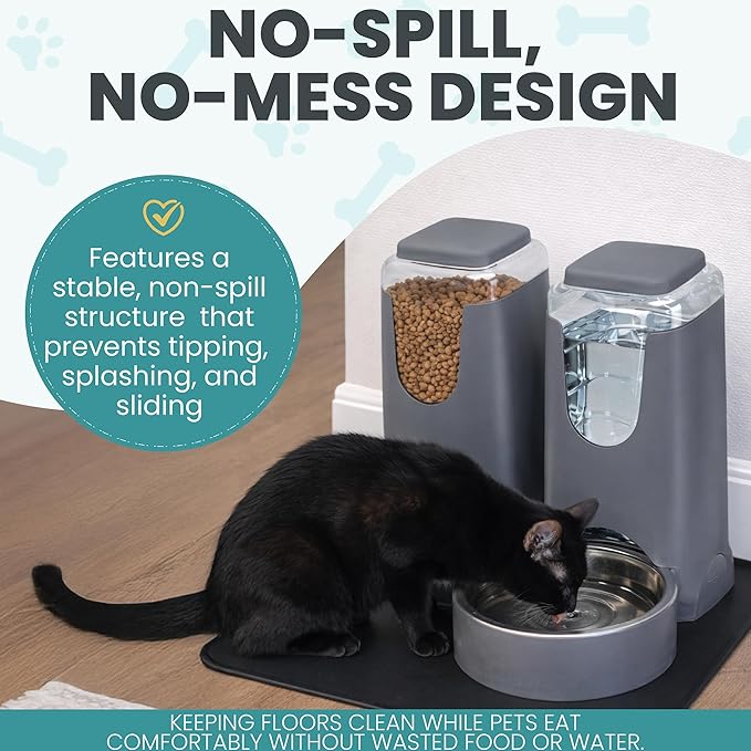 Automatic Cat Feeder 2.8L/4L Water Dispenser Set w/Tray Mat, Gravity Pet Feeder, Large Capacity Non-Spill Cat Water & Food Stainless Steel Bowls, Water Dispenser for Feeding Cats & Dog