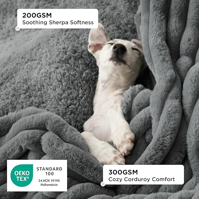Bedsure ComfyFleece Waterproof Dog Blankets for Large Dogs - Soft Pet Cat Blanket Corduroy Fleece for Bed Protector Washable, Cozy Calming Reversible Furniture Protection,60"x80", Warm Grey