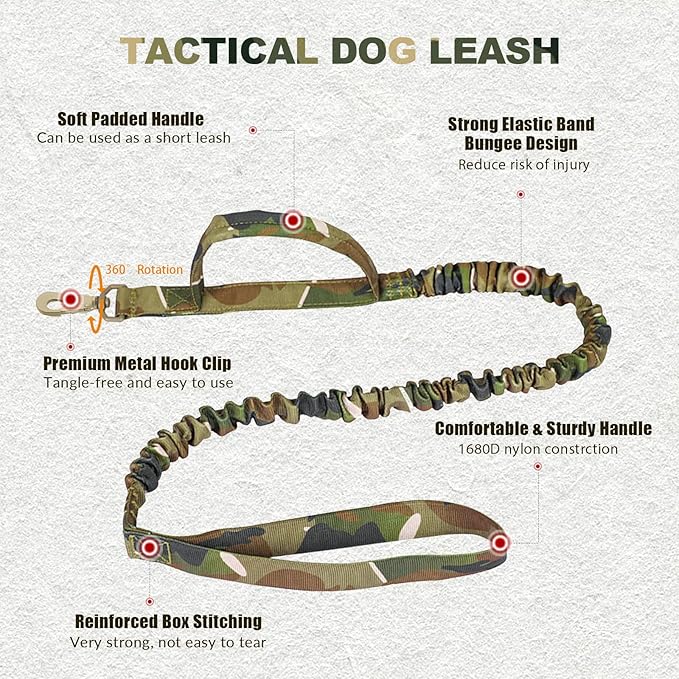 Tactical Dog Collar and Bungee Leash, Camo Military Dog Collar & Leash Set with USA American Flag Adjustable K9 Collar with Heavy Duty Metal Buckle & Handle,with Patches and Airtags Case (XL, Camo)