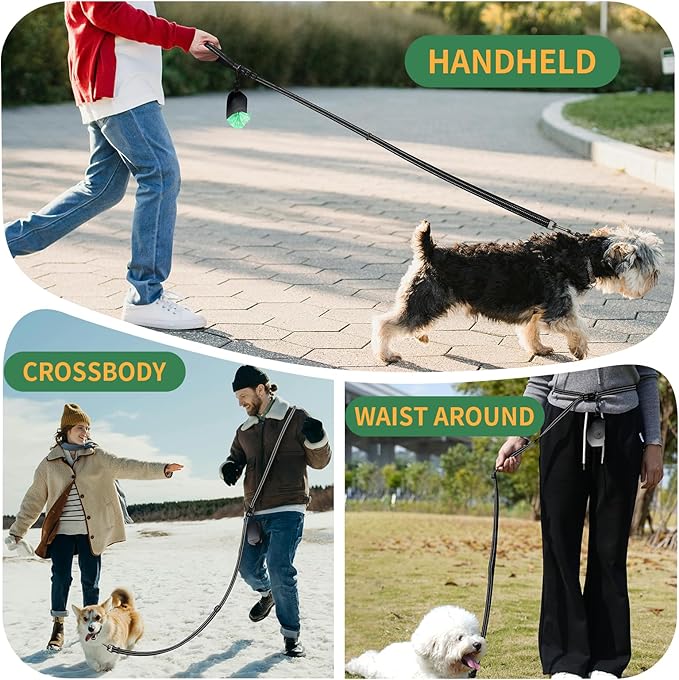 Kazazoo Hands-Free Dog Leash with Poop Bag Holder, Adjustable 4-7 Ft Waist for Dog Walking, Running for Small & Medium Dogs with Reflective Strips, Nylon Waist Belt, Black