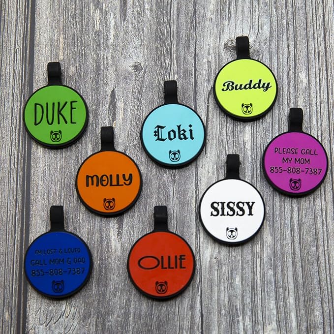 Silicone Silent Dog Tag Personalized with 5 Lines of Custom Deep Engraved Durable Soundless Pet ID Name Tag Round Tiffany