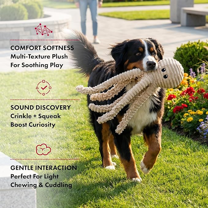 Pet Lou 100% Natural Nubby Plush Dog Toy with Squeaker and Crinkle Paper, Durable Octopus Plush Squeaky Toy for Indoor and Outdoor Play, Large 18 Inch
