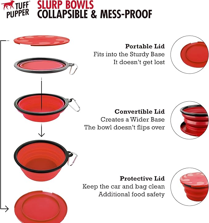 Tuff Pupper SuperBigSlurp Collapsible Dog Bowls | Two Pack Bowls | Extra Large Capacity | Portable, Food Safe, Odorless | Non-Toxic Silicone [Two Pack Red Bowls 60oz]