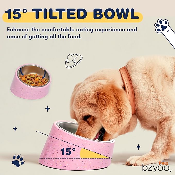 bzyoo 16oz Tilted Dog Bowl for Small Dogs & Cats, 15° Elevated Stainless Steel Pet Feeder, Ergonomic Anti-Vomiting Food Bowl for Frenchie, Pug, Persian Cat, Non-Skid Melamine Stand, Sprinkle (Pink)