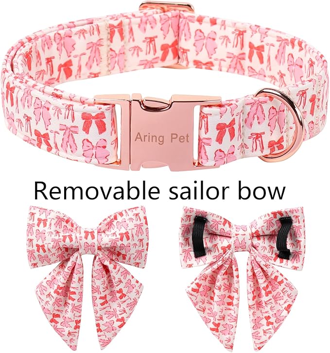 ARING PET Valentine's Day Collar for Dog, Cute Pink Sailor Bowtie Heart Puppy Pet Collars for Small Medium Large Girl Dogs-XL
