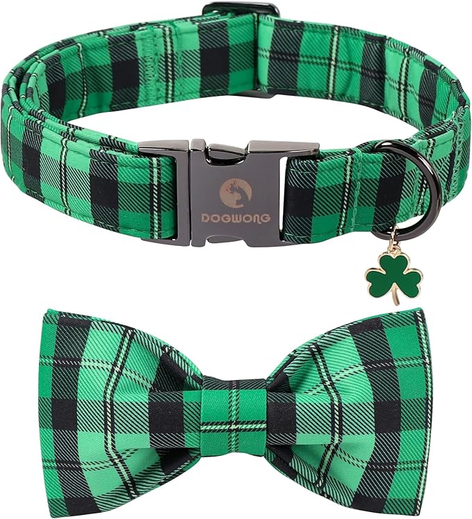 DOGWONG St. Patrick's Day Dog Collar with Bowtie, Green Plaid Bowtie Dog Collar for Small Medium Large Dogs,S