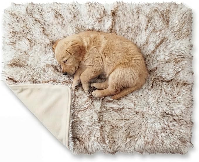 Waterproof Dog Blanket for Small, Medium & Large Dogs – Faux Fur Pet Throw for Couch, Sofa, Bed & Car – Soft, Washable, Stain-Resistant, Durable Cover – White w/Brown Tips – 40" x 30"
