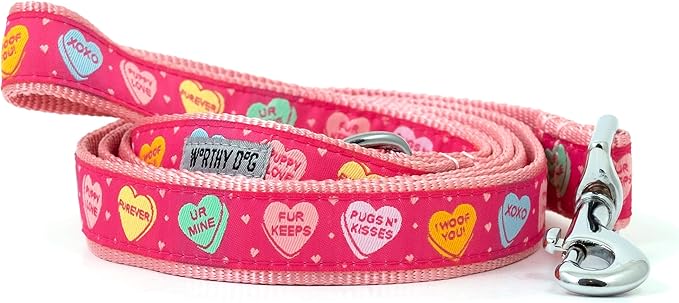 THE WORTHY DOG Adjustable Holiday Dog Collar for Medium Dogs, Durable Nylon Webbing, Quick Release Buckle, Puppy Love Conversation Hearts Valentine's Day Pattern, Pink, Medium