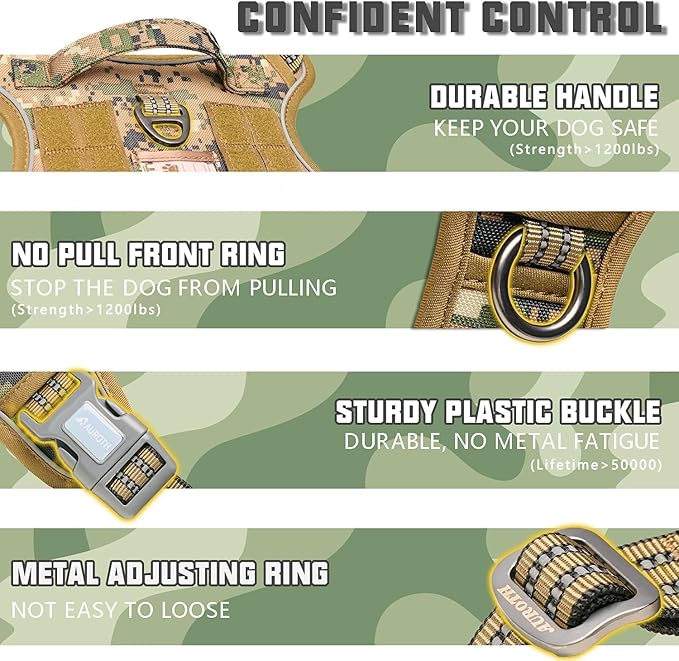AUROTH Tactical Dog Harness for Large Dogs No Pull Adjustable Pet Harness Reflective K9 Working Training Easy Control Pet Vest Military Service Dog Harnesses Woodland Camo XXL