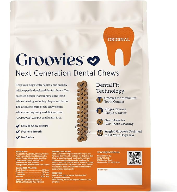Groovies Flexible, Yet Moderately Tough Daily Dog Dental Chews. Powered by USA-Patented DentalFit Technology. No Added Gluten, No Artificial Flavors or Colors. Original 6oz Large (6Chews)