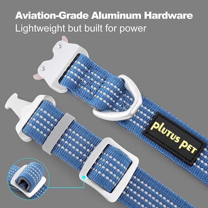 Plutus Pet Reflective Dog Collar with Aviation Aluminum Buckle, Neoprene Padded for Comfort, Lightweight, Heavy Duty Nylon Collar for Puppy Small Medium Large Dogs (Blue, XL)