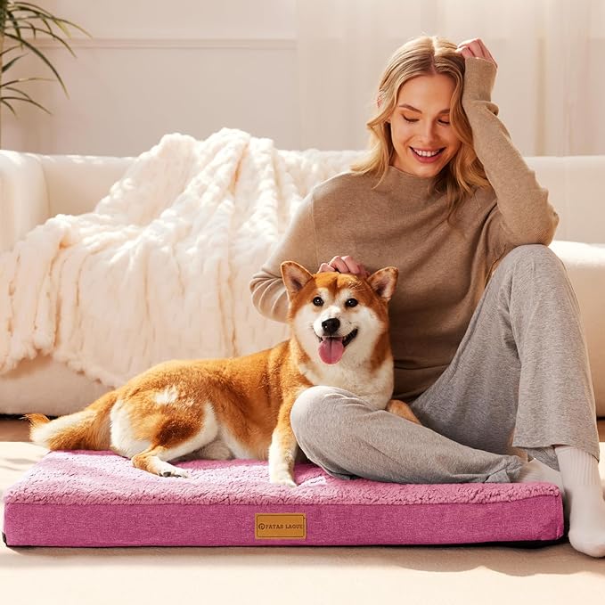 Patas Lague Orthopedic Jumbo Dog Bed for Large Sized Dog 56''X40'', Soft Waterproof Egg Crate Foam Large Pet Crate Beds Mat with Removable Washable Cover and Non-Slip Bottom, Hot Pink