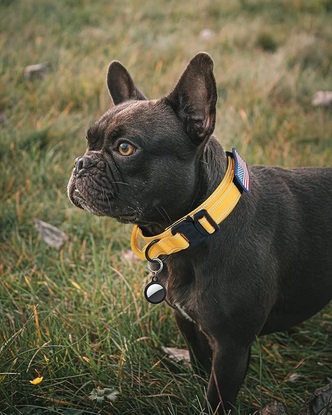AUBELL Reflective Tactical Dog Collar,Adjustable Military Heavy Duty K9 Collars with Handle and Quick Release Metal Buckle Great for Large Dogs, with Airtag Case and 2 Patches (Yellow,L)