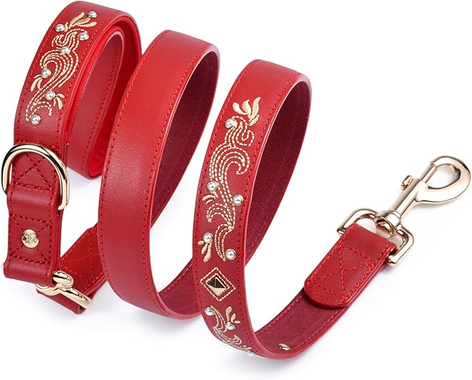 Blueberry Pet Premium Red Leather Dog Leash with Gold Baroque Embroidery
