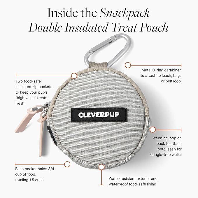 Cleverpup Snackpack Double Insulated Dog Treat Pouch – 1.5 Cup Capacity, 2 BPA-Free Waterproof Zipper Pockets, Carabiner for Belt/Leash – Compact Training & Travel Bag – Sand