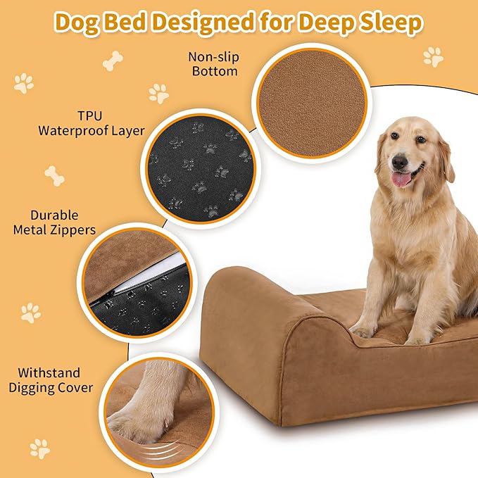 Orthopedic Dog Beds for Large Dogs, 7" Memory Foam Dog Beds with Waterproof Liner, Durable Microsuede Cover, Removable and Washable, Nonskid Bottom, 60"x48"x7" XXL Khaki