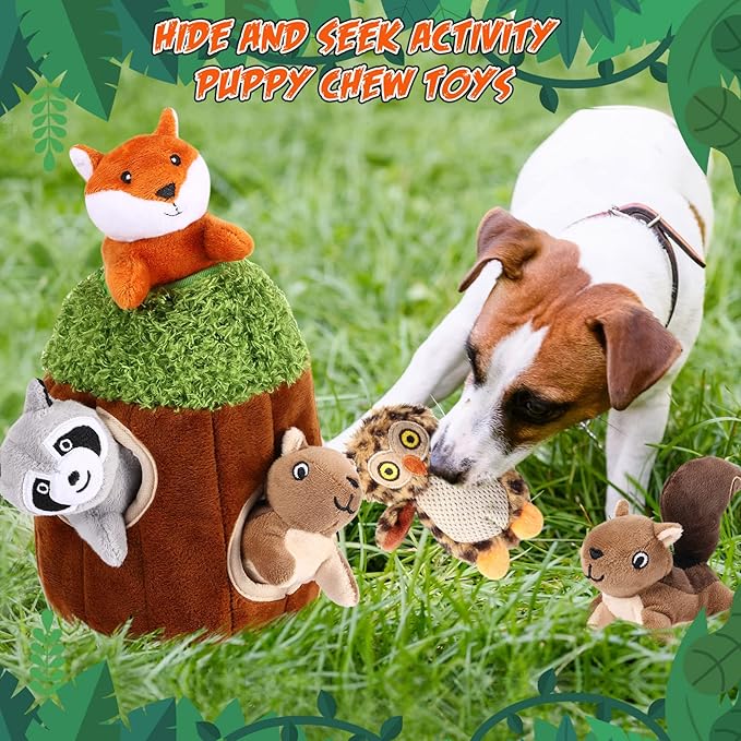 Skylety 7 Pieces Hide and Seek Dog Toys Activity Puppy Chew Squeaky Toys Plush Stuffing Woodland Stuffing with Squeakers for Small Medium Pets Dogs Puppy Gift(Cute,Small)