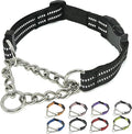 Martingale Dog Collars, Reflective Nylon Collar with Stainless Steel Chain, Adjustable Walking Training Dog Collars with Quick Release Buckle, Suitable for Small Medium Large Dogs(Black,M)