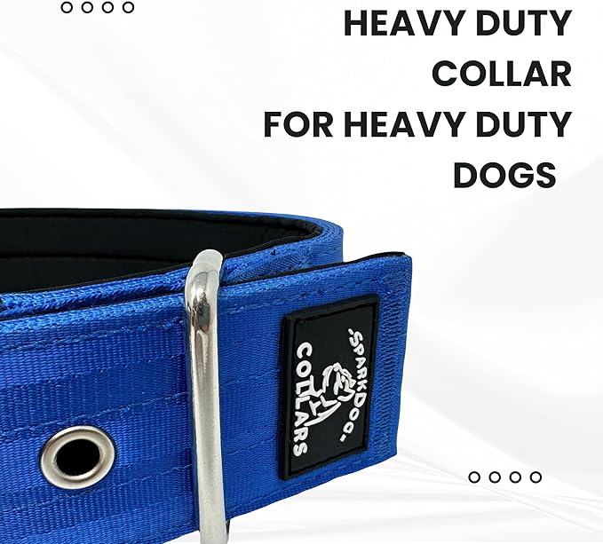 SparkDog Collars Padded Working Dog Collar - 2" 4ply Padded Dog Collar Heavy Duty Stainless Steel Tactical Seatbelt Wide Buckle Collar (Blue 2.0, 16-21" Large)