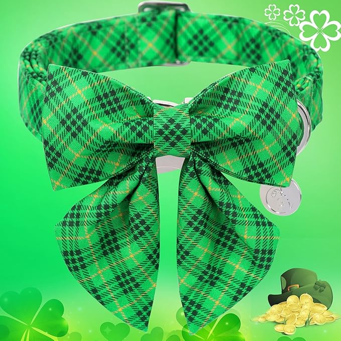 DOGWONG St. Patrick's Day Dog Collar-Cute Green Dog Collar with Bow, Cotton Green Plaid Bowtie Dog Collars with Metal Buckle for Small Medium Large Dogs