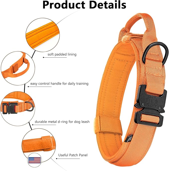 DAGANXI Tactical Dog Collar, Adjustable Military Training Nylon Dog Collar with Control Handle and Heavy Metal Buckle for Medium and Large Dogs, with Patches and Airtags Case (Orange-Set, L)