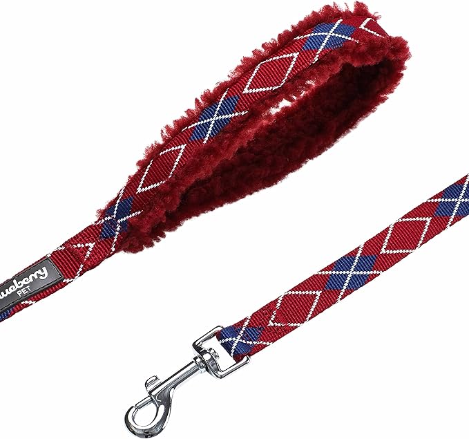 Blueberry Pet Scottish Argyle Fleece Padded Dog Leash with Soft & Comfortable Handle, 5 ft x 5/8", Merlot Red, Small, Leashes for Dogs