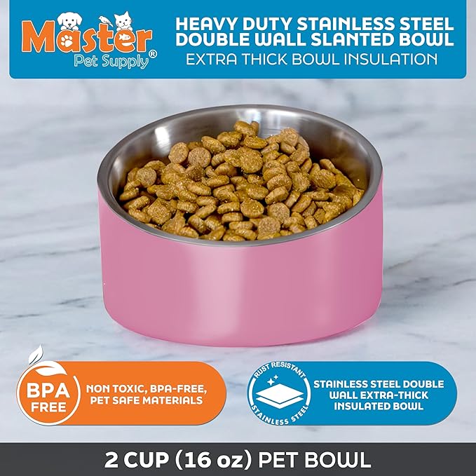 Master Pet Supply Stainless Steel Slanted Dog Cat Food Bowl - 16 oz Heavy Duty - Hyper Pink, Double Wall Insulated, Non-Slip Elevated Bowl for French Bulldogs Pugs Cats, Anti Rust Dishwasher Safe