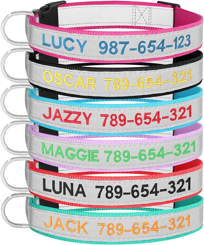 Personalized Dog Collar with Name & Phone Number, Custom Embroidered Reflective Collar for Dogs, Adjustable XS S M L Size with Quick Release Buckle, Durable Nylon (Solid with Reflective Strip)