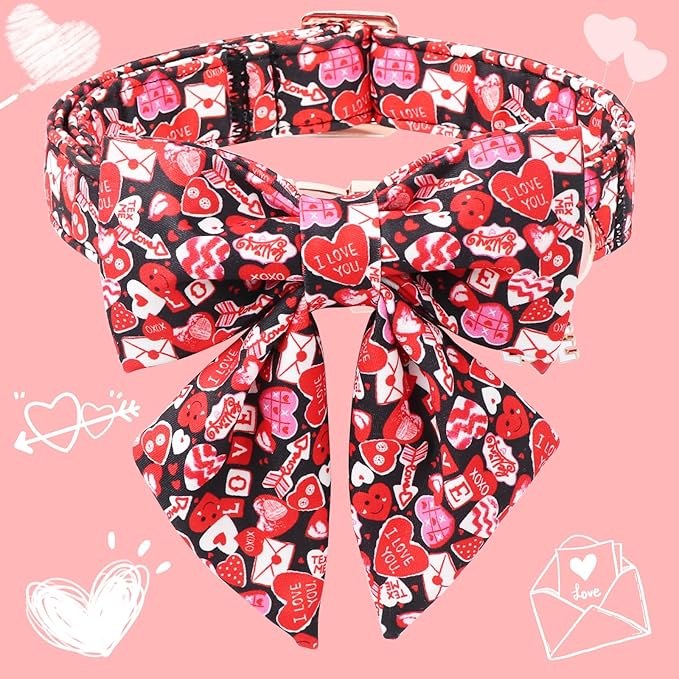 DOGWONG Valentine's Day Dog Collar-Cute Red Heart Dog Collar with Sailor Bowtie, Comfortable Girl Dog Collars with Metal Buckle,S
