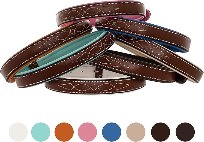 Exion Geniun Leather Dog Collar Designer Stitched Soft Leather Padded- Suitable for Small Medium Large X-Large Dogs for Walking Running- Havana with Havana Padding