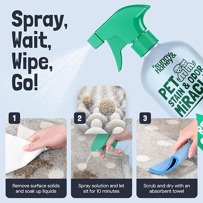 Sunny & Honey Pet Stain Remover - For New and Deep-set Stains - Pet & Kid Safe Pet Enzyme Cleaner - Fast Acting Carpet Cleaner Spray for Rugs, Upholstery & Furniture (128 fl oz, Spring Mint)
