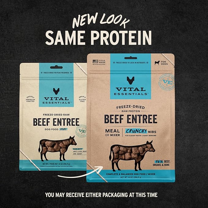 Vital Essentials Freeze Dried Dog Food, Raw Beef Crunchy Nibs | Complete Meal or Topper | 96% Beef, Organs & Bone | Limited Ingredient, High Protein, Grain Free Dry Dog Food | 14 oz Bag