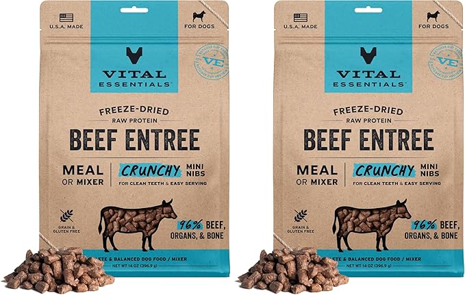 Vital Essentials Freeze Dried Dog Food, Raw Beef Crunchy Mini Nibs, Complete Meal or Topper, 96% Beef, Organs & Bone, Limited Ingredient, High Protein, Grain Free Dry Dog Food, 14 oz Bag, (Pack of 2)