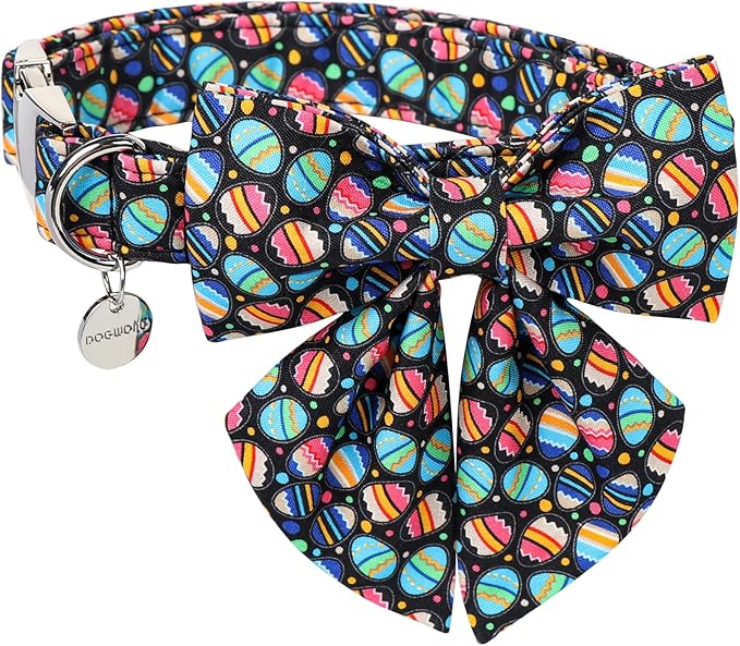 DOGWONG Easter Day Dog Collar-Cute Black Easter Dog Collar with Bow, Cotton Eggs Dog Collars with Metal Buckle for Small Medium Large Dogs